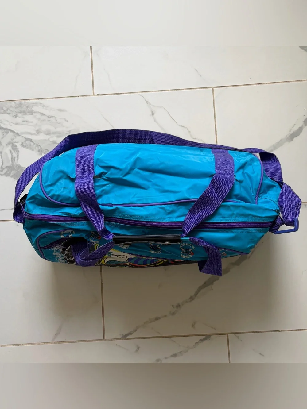 Vintage 1990s 90s Charlotte Hornets Duffle Bag Teal Purple Colorful Logo NBA